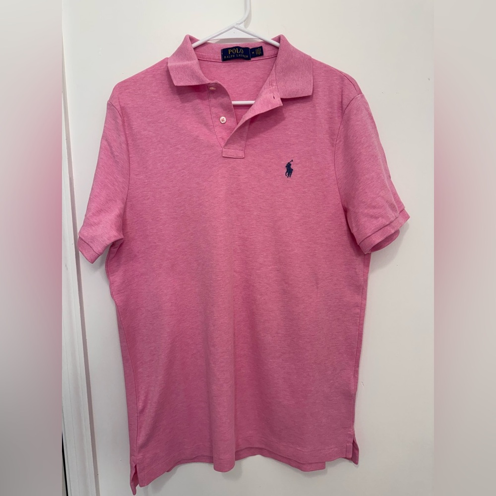 Polo Ralph Lauren Men’s Pink Polo With Blue Logo Preppy Style 100% Cotton Medium